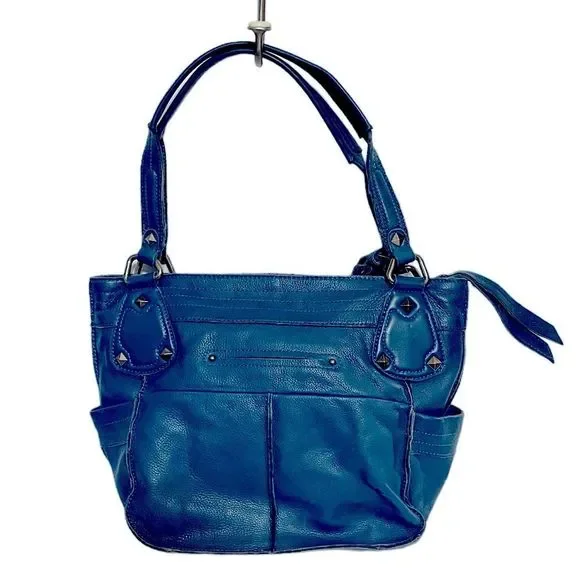 B Makowsky Teal Blue Leather Shoulder Bag w/ Studs + Leopard - Picture 7 of 10